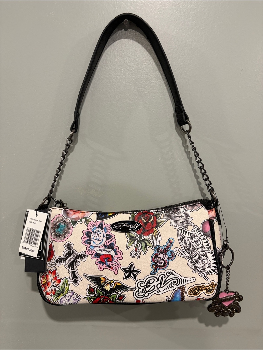 Ed Hardy Cream Shoulder Bag with Multicolor Tattoo Prints